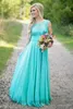 2019 New Teal Country Abiti da damigella d'onore Scoop A Line Chiffon Pizzo V Backless Abiti da damigella d'onore lunghi economici per la cerimonia nuziale BA1513193O