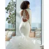 Sexy Open Back Mermaid Wedding Dresses Turkey 2022 Tiered Tiers Lace Ruffles Deep V Neck Long Sleeves Bridal Gowns African Puffy F305v