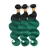 # 1B / Yeşil Koyu Kök Ombre Malezya Virign Saç Demetleri ile Kapatma Vücut Dalga Yeşil Ombre İnsan Saç Örgüleri ile 4x4 Dantel Kapatma Parçası