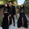 Nowy wysoki Neck Afryki Prom Dresses Dwa Kawałki Długie Rękawy Czarne Koronkowe Aplikacje Long Tulle Side Split Evening Dress Party Pageant Suknie