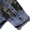 Heren shirts jeans camouflage zak stiksel lange mouw casual denim shirts mannen blouse mannelijk grijs blauw