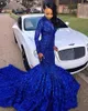 Luxe Royal Blue Black Girls Mermaid Prom Jurken Hoge Hals Lange Mouwen Beaded Handgemaakte Bloemen Formele Jurk Avond Feestjurken