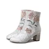 패션 여성 겨울 발목 부츠 광장 높은 뒤꿈치 부츠 라운드 발가락 회색 베이지 색 와인 레드 사무실 신발 여성 미국 크기 4-10.5