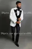 Men Suits White Pattern and Black Groom Tuxedos Peak Velvet Lapel Groomsmen Wedding Best Man 3 Pieces ( Jacket+Pants+Vest+Tie ) L443