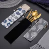 Roestvrij staal Kleurrijke bestek Set Rainbow Plated Servies Creative Diner Set Herbruikbare Fork Mes Chopsticks Pouch