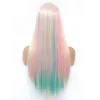 22 tums raka spetsfront peruk syntetiska peruker för vita kvinnor blond blå rosa färgglada regnbåge cosplay för fe