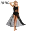 iEFiEL Femmes Adulte Spaghetti Strap Mesh Maxi Dancewear avec Justaucorps de Gymnastique Intégré Ballerine Ballroom Dance Class Robes