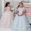 2019 Por encargo Cuello cuadrado Vestidos de niña de flores Arco de mariposa Encaje Flores hechas a mano Mangas cortas Chica Desfile Vestido de fiesta Niños Ropa formal