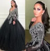 Luxury Arabic Black Long Evening Dresses Dubai Sheer Long Sleeves Beaded Stones A Line Floor Length Formal Party Prom Gowns BC1369