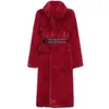 New design women's turn down collar Christmas New year red color faux rabbit fur with belt slim waist long abrigos casacos plus size coat