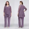 Plus Size Goedkope Paarse Drie Stukken Moeder van De Bruid Broek Past met Jassen Pailletten Huwelijksgast Jurken Chiffon Moeders Bruidegom Jurken