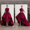 Profundo Vermelho Elegante Prom Vestidos Lace Apliques Ruffles Alta Baixa Cetim Cocktail Party Vestidos Jóia Pescoço de Luxo Moda Formal Vestidos de Noite