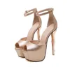 sexy tornozelo cinta champagne sapatos de ouro mulheres de luxo do desenhador saltos altos 16cm estranhos ouro saltos senhoras prom sapatos tamanho 34 a 40