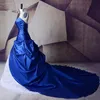 Wit en Royal Blue A Line Trouwjurk 2019 Kant Applicaties Taffeta Bridal Toga Kralen Custom Made Corset Back Gothic Bruid Draag