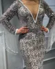 Sequins Mermaid Evening Dresses Crystal V Neck Långärmad Promoklök med Tassels Luxury Sequins Sweep Train Formell Party Dress