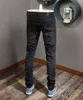 Man versleten patch zwarte jeans schade stretch slim fit denim broek 310G