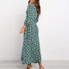Yaz vintage rahat seksi vneck 34 puf uzun kollu akışlı yeşil lacivert bir çizgi takılmış çiçek baskı maksi elbiseler kadınlar için 4258213