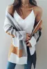 Fashion-Damen-Strickjacke, lang, übergroß, gestreift, vorne offen, Farbblock, locker gestrickt, Herbst-Kimono-Staubmantel