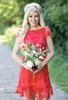 2019 Ucuz Yaz Ülke Bahçe Nedime Elbise Mürettebat Boyun Kırmızı Tam Dantel Düğün Parti Misafir Hizmetçi Onur Kıyafeti Artı Boyutu Özel Made
