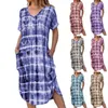 QNPQYX Kobiety Lato Casual Sukienka Krótki Rękaw Tie-Dye Drukuj Średniej Długa Dress V-Neck Side Splited Kieszenie Suknia Duży Rozmiar Vestidos Dropshipping