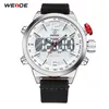 Weide Mens 스포츠 브랜드 디지털 자동 날짜 알람 가죽 스트랩 백 라이트 쿼츠 여러 시간대 손목 시계 Relogio Masculino