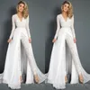 White Jumpsuits Prom Dresses Beaded Lace Deep V Neck Overskirts Formal Evening Party Gowns Cheap Long Sleeve Beach Special Occasion Pants