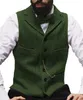 Green Groom Vests 2019 Vintage Tweed Single breasted Herringbone Pockets Men's Suit Vests Slim Fit Men's Dress Vests Wedding Waistcoat