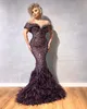 Glitter Mermaid Evening Dresses Sheer Jewel Neck Sequins Feather Long Prom Dress Capped Short Sleeves Sweep Train Formal Party Gown