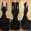 Sexy schwarze lange Ärmel Abendkleider Rückenless Scoop Hals Illusion Mieder Lace Applique Perlen formelle OCN Wear Grad Kleid