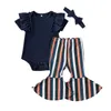 Sommar Kortärmad Blå Ruffle Bodysuit Striped Flared Byxor Outfit 3PCS Toddler Spädbarn Nyfödda Kids Baby Girl Clothes Set