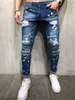 Hommes élégant déchiré Skinny Slim Jeans créateur de mode lavé fermeture éclair lambrissé Biker droit effiloché Stretch Denim pantalon Streetwear pantalon