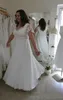 Branco Plus Size Vestidos de Noiva A Line Chiffon Até o Chão Decote em V Apliques de Renda Tops Mangas Curtas Vestidos de Noiva Estilo Country Vestido de Noiva