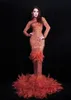 Orange Feather Rhinestones Trailing Runway Dresses Women Fashion Evening Party Prom Birthday Celebrate Bodycon Long Dress Singer Model Show Stage Dance Costume
