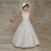 White High Neck Tulle Lace A Line Flower Girl Dress Applique Beaded Bow Sash Girls Pageant Dresses Birthday Party Dress