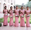 2021 South African Nigeria Pink Long Mermaid Bridesmaids Dresses Plus Size Sheer Neck Lace Appliques Floor Length Wedding Guest Dress