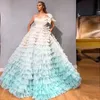Gradation Ball Gown Prom Dresses Strapless Beaded Bow Tie Tulle Skirt Tiered Evening Dress Lace Up Back Graduation Dress