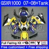 7Gifts + бак для SUZUKI GSXR1000 K7 GSXR1000 GSXR 1000 07 08 301HM.26 GSXR1000 07 08 кузовного желтый HOT GSX R1000 2007 обтекатели 2008