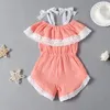 Baby Rompers Girls Lace Suspender Jumpsuits Summer Lotus Leaf Collar Cotton Linen Onesies Outfits Children Off Shoulder Bodysuits PY617