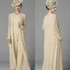 2020 Crystal Mother of bride Suits Three Pieces With Jacket Wraps Plus Size Chiffon Jewel Neck Long Sleeves Wedding Guest Mothers Pants Suit