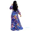 Mode-Vintage Vrouwen Maxi Jurk Floral Gedrukt Plus Size Lange Mouwen V-hals Chiffon Losse Robe Jurken Beach Vestidos 2019 Nieuw