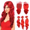 Kızıl saç kapatma demetleri uzantıları kırmızı ile kapatma Brezilyalı 3 Paketler ile Kapatma Gevşek Dalga saç demetleri ile örgüleri