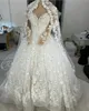 Vestidos de novia de una línea de lujo Apliques de encaje Flor hecha a mano Lentejuelas con cuentas Joya Vestido de novia de manga larga Tren de barrido Batas De Mari￩e