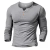 Herren-T-Shirts, Herren-MUSCLE ALIVE Henley-T-Shirt, tailliertes Hemd mit Kleidärmeln für Herren, Hemden aus Baumwolle, lässig, Bodybuilding, Fitness-T-Shirt1
