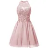 HALTER KORTE HOMECOMING JURKEN VOOR TIENS CHIFFON LAAT APPLIKES JUNIORS PROM JURKS KEYHOUD TERUG 8e klas feestjurk 184E