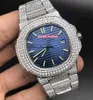 Unique And Glamorous Men's Diamond Watch Silver Stainless Steel Shell Watch Blue Face Diamond Strap Automatic Mechanical Wris208P