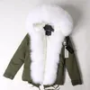 Sweat à capuche avec garniture en fourrure de renard argenté, vestes chaudes pour femmes, doublure en fourrure de renard et de lapin argenté, mini parkas en toile verte armée