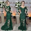 2023 Robes mère de la mariée vert foncé pure bijou cou dentelle appliques manches longues sirène formelle soirée robes de bal295K