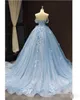 Sky Blue Quinceanera klänningar från axelspetsen Applique 2020 Sweep Train Custom Made Corset Back Sweet 16 Birthday Party Ball 277b
