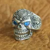 Wholesale-Blue CZ Eyes 925 Sterling Silver High Details Skull Ring Mens Biker Ring TA126 US Size 7 to 15