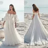 2020 Elegante A-Linie Brautkleider Bateau High-Split 1/2 Ärmel Spitze Chiffon Gericht Zug Brautkleid nach Maß Vestidos De Novia